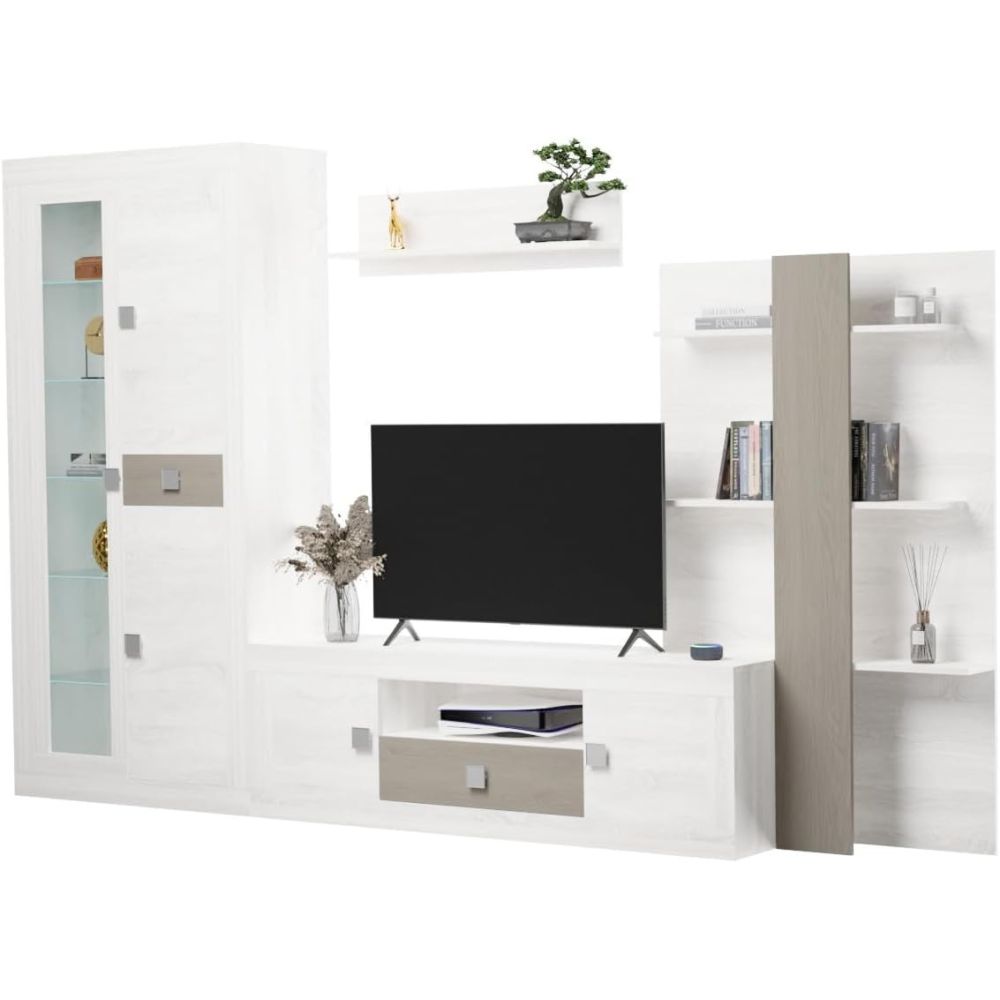 Mueble de Salón Moderno con Leds, Acabado en Andersen Pino -Gris, 40 cm (Fon), 300x200 cm