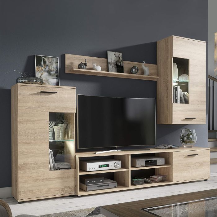 Mueble de Salón Moderno con Leds, Acabado en Cambria, Medidas: 229 cm (Ancho) x 200 cm (Alto) 38 cm (Fondo)