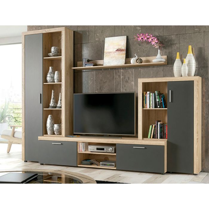 Meyvaser Mueble de salón y TV Composición de salón grande 263 Cm Cambrian- Grafito en madera de gran calidad