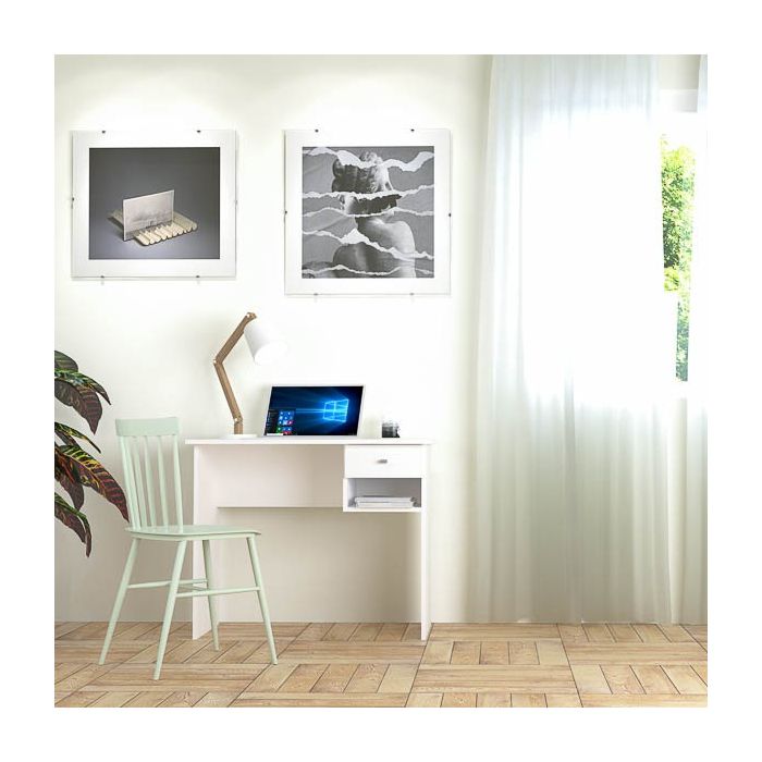 Mesa de Escritorio y Trabajo en Color Blanco, 90x50x74cm - Con Cajón y Estante para Oficina o Estudio